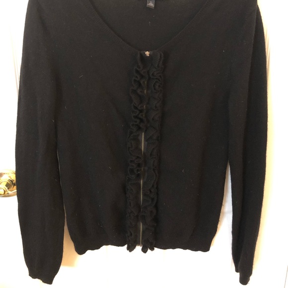 Aqua Sweaters - Black 100% cashmere cardigan with ruffle detail